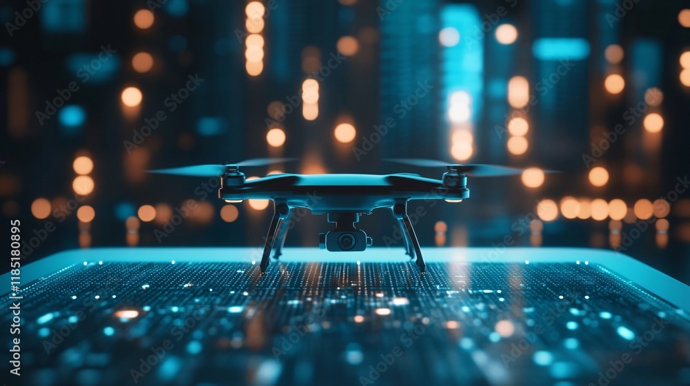 Poster modern drone hovering over futuristic circuit board in urban night setting
