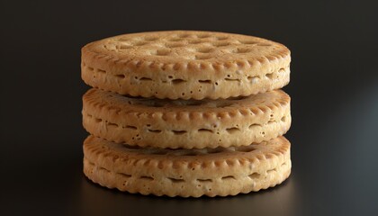 Three round, golden-brown biscuits stacked on a dark background.