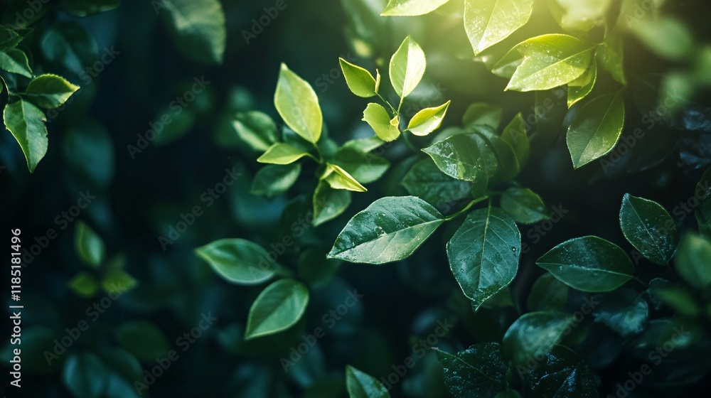 Aufkleber sunlight filtering through lush green leaves creating a vibrant nature background