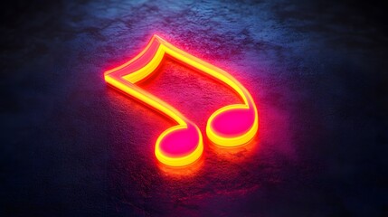 Glowing Neon Music Note On Dark Surface