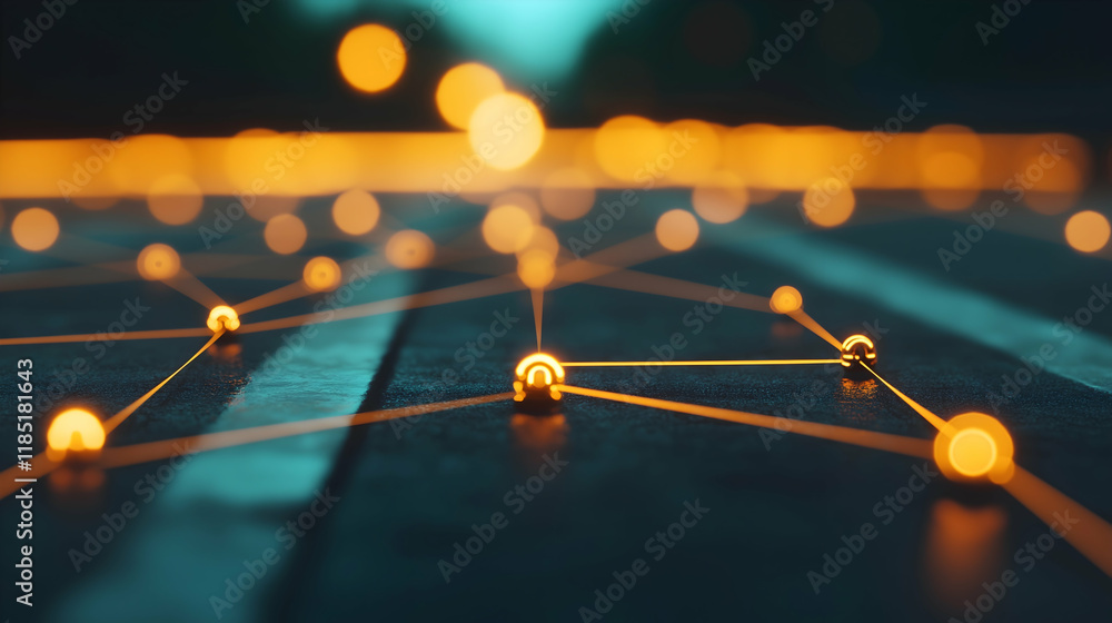 Aufkleber a close-up view of illuminated points connected by lines, creating a network effect against a blurre