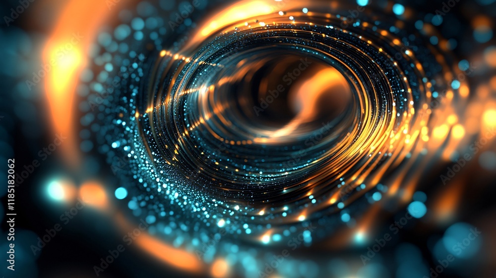 Poster Golden and teal particles rotating and creating abstract spiral shape