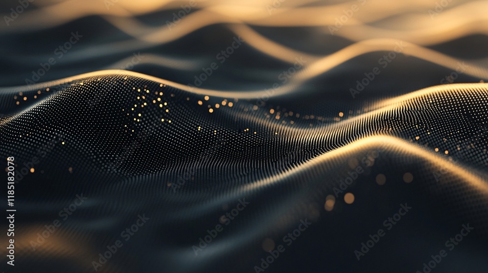 Poster Golden particles flowing over dark abstract wavy surface