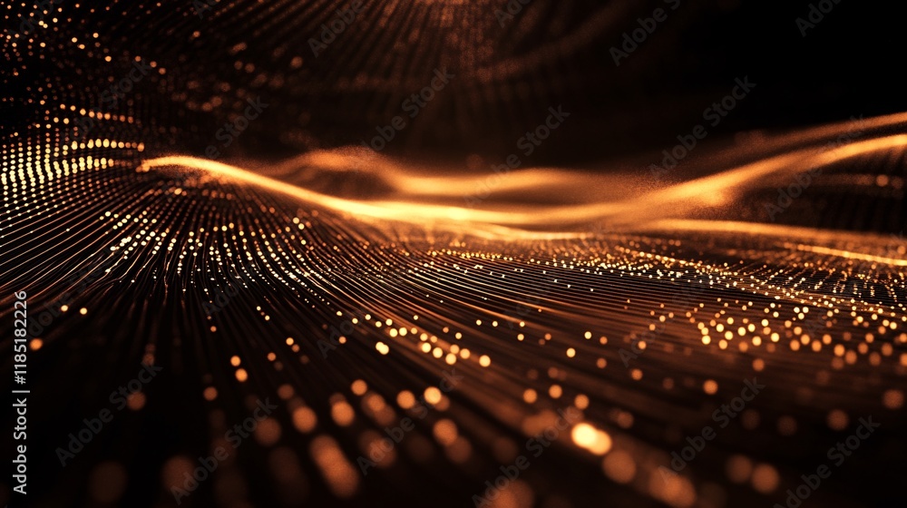 Poster Golden particles flowing and forming abstract waves in digital space