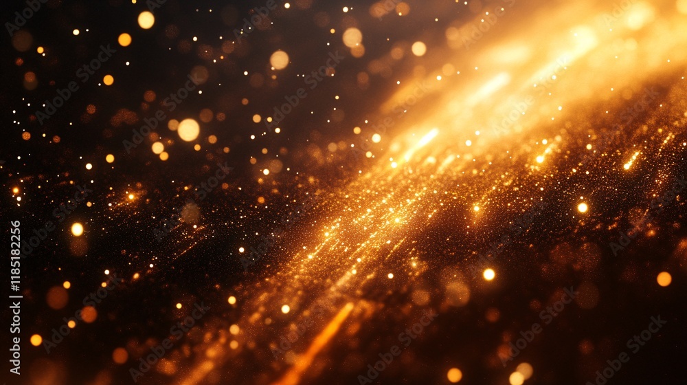 Aufkleber Golden particles flowing on dark background with bokeh effect