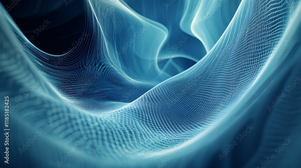 Poster Abstract blue wavy mesh grid background flowing in cyberspace