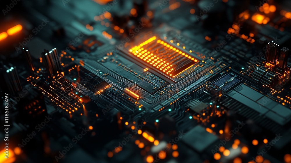 Poster Futuristic circuit board pulsating with orange light and data flow