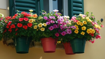 Obraz premium Hanging pots with multicolored flowers creating a stunning balcony display.