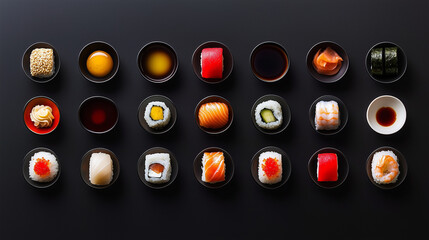 A meticulously arranged spread of sushi varieties, including nigiri, maki, and other sushi rolls. Served with soy sauce, wasabi, and egg yolk in small black bowls against a dark background.