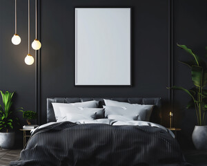 Bedroom interior with blank photo frame on the wall, version 12