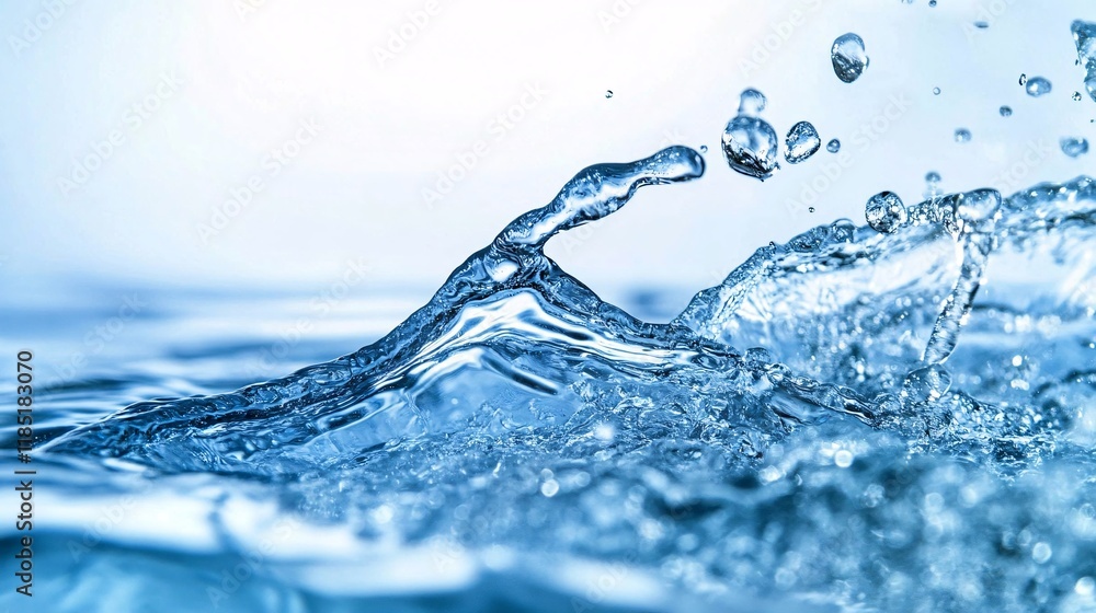 Poster water splashing and forming a wave with drops on light blue background