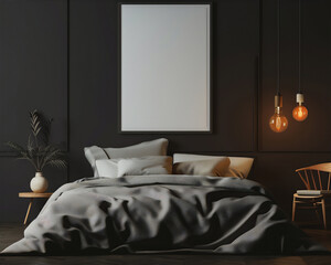 Bedroom interior with blank photo frame on the wall, version 10