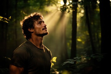 A man with rugged features and stubble stands among tall trees in a forest