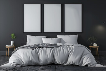 Bedroom interior with blank photo frame on the wall, version 6