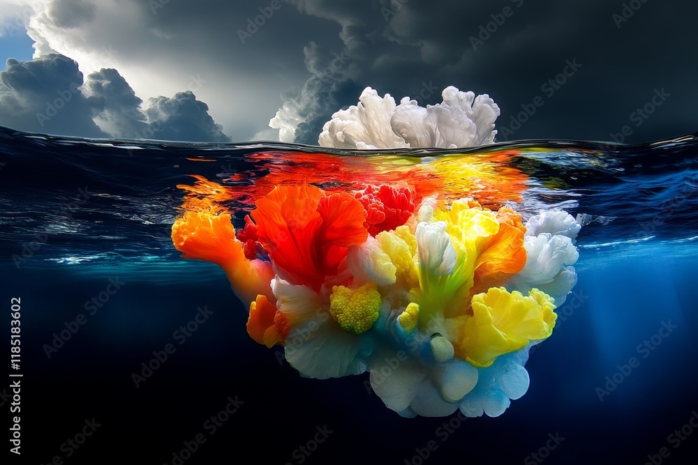 Poster vibrant colorful swirls of ink and clouds beneath dark water creating a mesmerizing abstract scene r