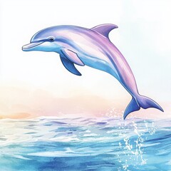 Dolphin Jumping Out of Water in Watercolor Style