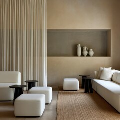Minimalist living room, neutral tones, beige and cream colors, large windows, sheer curtains, low profile sofa, abstract wall art, potted plant, track lighting, textured wall panels, modern interior d