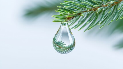 Conifer essential oil droplet containing a delicate pine branch, isolated on white, pristine and minimal for natural beauty ads