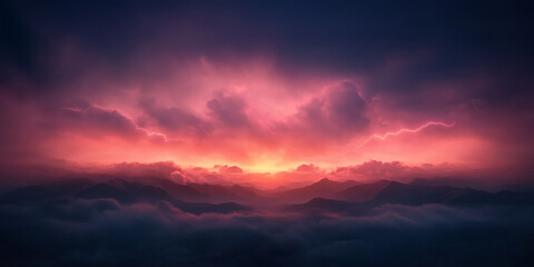 Obraz premium breathtaking sunset over mountains, with dramatic clouds and lightning.