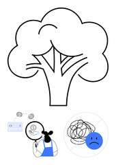 Tree symbolizes growth, woman observing tangled thoughts, sad face representing mental health issues. Ideal for therapy, counseling, psychology, mental health, personal growth, emotional well-being
