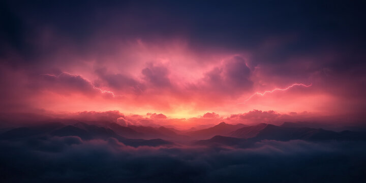 breathtaking sunset over mountains, with dramatic clouds and lightning.