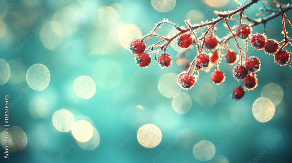 Poster vibrant red berries with frost on a branch against a soft blue background with glowing bokeh effects