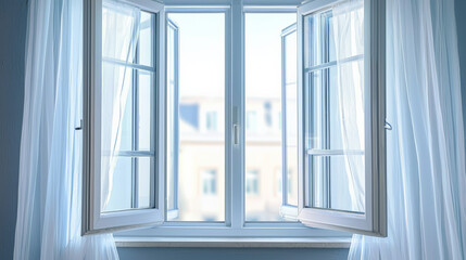 Obraz premium Bright open window with sheer curtains, inviting summer breeze indoors
