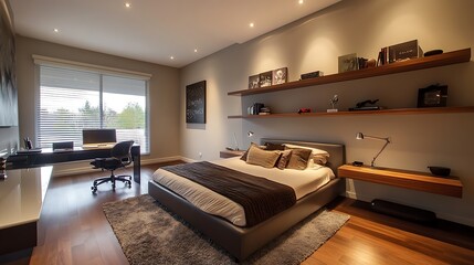 A modern bedroom with a suspended desk and sleek, floating shelves 