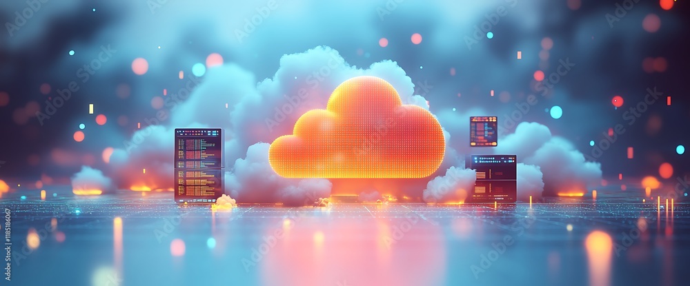 Poster glowing cloud computing server data storage.