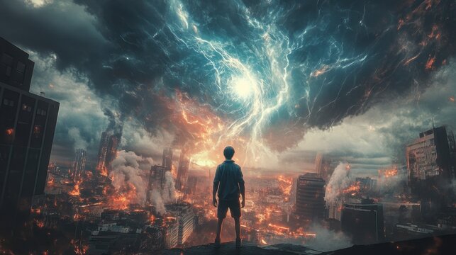 Boy Contemplates Apocalyptic Cityscape - Dramatic Scene