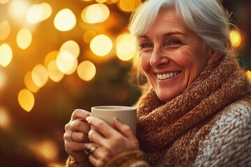 Warm and Joyful Elderly Woman Enjoying a Cozy Cup of Coffee while Smiling in Front of a Beautifully Lit Background During the Winter Season
