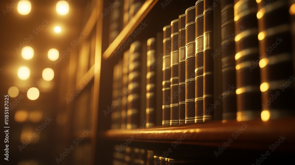 Poster warm light illuminating antique books on a wooden shelf in a cozy library setting, creating an atmos