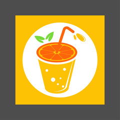 An orange smoothie or milkshake with a straw and orange slices in a yellow circular frame