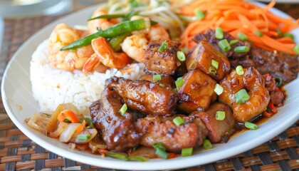 A close-up view of a plate of stir-fried meat and shrimp with white rice, carrots, onions, and green onions.
