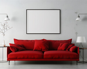 Living room interior with couch and blank photo frame on the wall, version 55