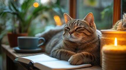 Tabby Cat Relaxing Near Window With Candle and Book