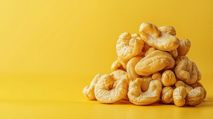 Roasted Cashews: A Delicious and Healthy Snack - Close-up Photography of Golden Cashews on Yellow Background