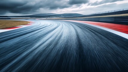 Wet race track on a cloudy day, showing motion blur of a fast-moving vehicle.