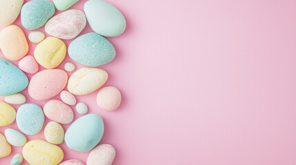 Pastel colored pebbles on pink background, perfect for spring decor