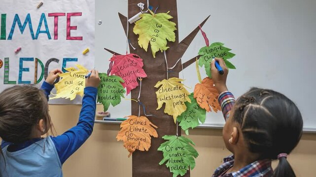 Young girls actively participate in a classroom project, decorating a symbolic tree with colorful leaves representing their climate pledges.
