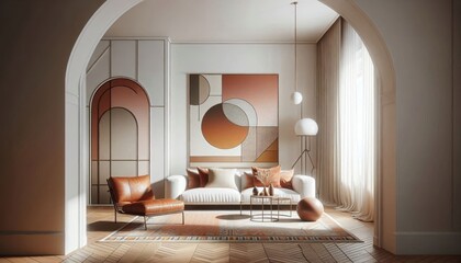 Minimalist boho living room, arched mirror, geometric wall art, pampas grass, leather armchair, round coffee table, textured rug, warm earth tones, terracotta walls, soft natural lighting, curtains, c