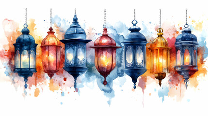 Obraz premium Festive lanterns hanging, watercolor splash background, Ramadan greeting