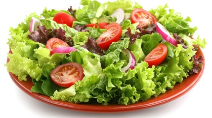 Fresh salad with lettuce, tomatoes, and red onion on a plate.