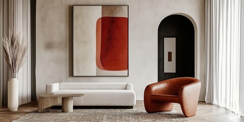 Minimalist living room, curved white sofa, round wooden coffee table, abstract red artwork, arched doorway, terracotta accent chair, neutral color palette, natural light, textured curtains, modern int