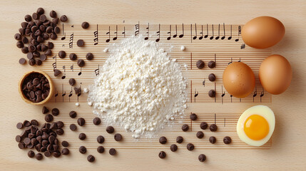 Top view of flour, chocolate chips, and eggs artfully placed on a wooden board with sheet music underneath. Baking preparation scene.