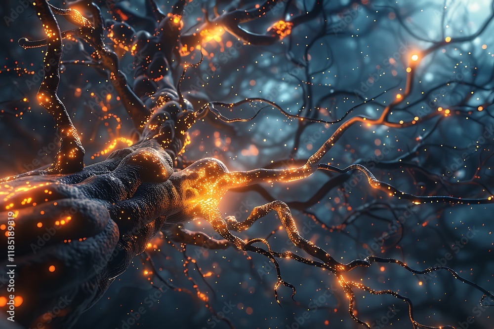 Poster glowing neural network, intricate branches and nodes.