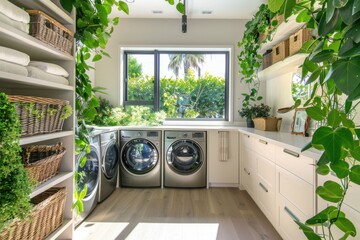 Bright laundry oasis!  Abundant greenery & natural light create a serene, organized space.  Clean appliances & stylish storage add to the inspiring vibe.