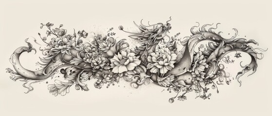 Intricate hand-drawn tattoo design. Mythical creatures entwined with delicate floral adornments.  Full of exquisite detail.  A stunning piece.