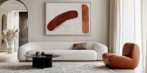 Minimalist living room, curved white sofa, round wooden coffee table, abstract red artwork, arched doorway, terracotta accent chair, neutral color palette, natural light, textured curtains, modern int