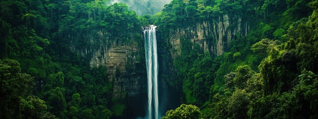 An awe-inspiring view of the world's tallest waterfall cascading down a sheer cliff into a dense rainforest, Waterfall scene, Majestic style